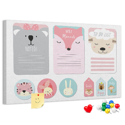 Tablero de anuncios con diseño de notas coloridas y animales tiernos