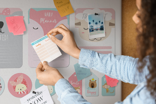 Tablero de anuncios con diseño de notas coloridas y animales tiernos