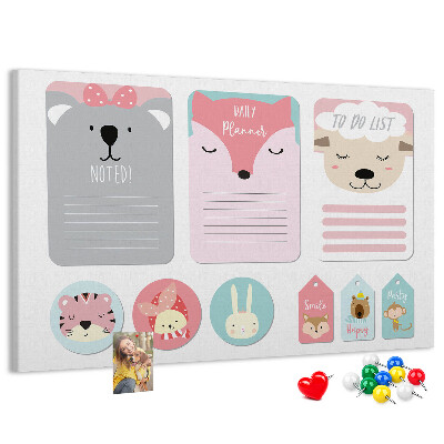 Tablero de anuncios con diseño de notas coloridas y animales tiernos
