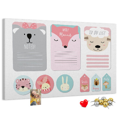 Tablero de anuncios con diseño de notas coloridas y animales tiernos
