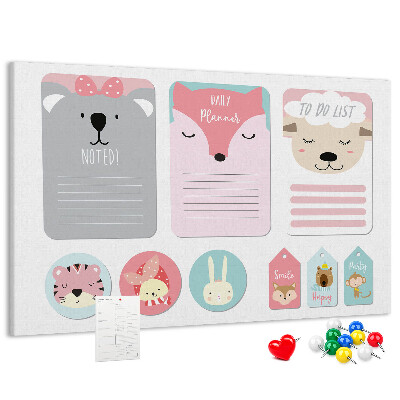Tablero de anuncios con diseño de notas coloridas y animales tiernos