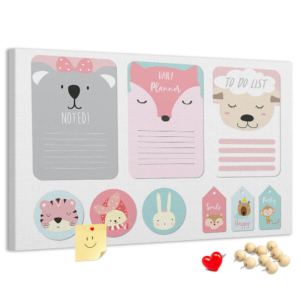 Tablero de anuncios con diseño de notas coloridas y animales tiernos