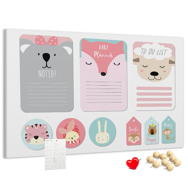 Tablero de anuncios con diseño de notas coloridas y animales tiernos