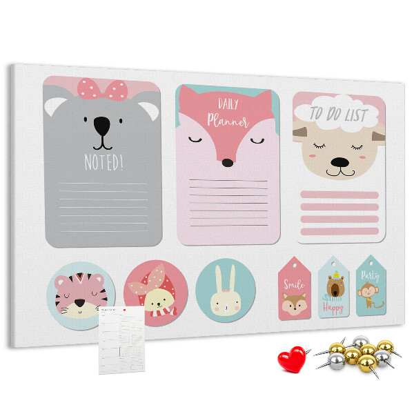 Tablero de anuncios con diseño de notas coloridas y animales tiernos