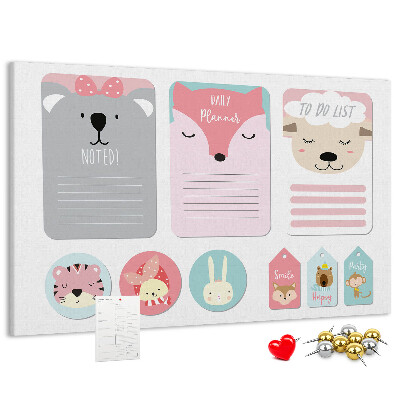 Tablero de anuncios con diseño de notas coloridas y animales tiernos