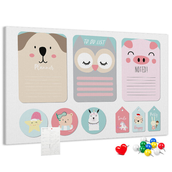 Pizarra de corcho con diseño de cuadernos coloridos y animales