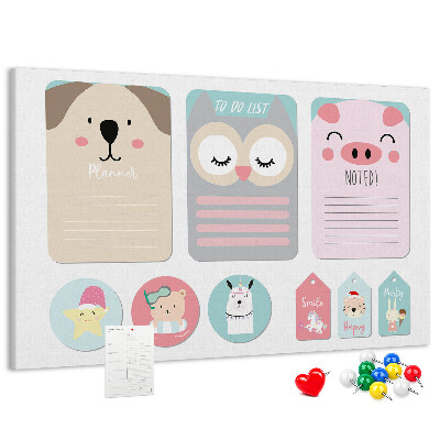 Pizarra de corcho con diseño de cuadernos coloridos y animales