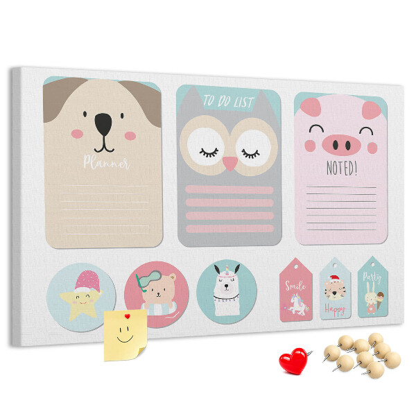 Pizarra de corcho con diseño de cuadernos coloridos y animales