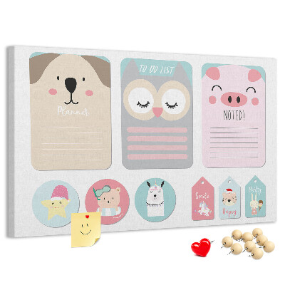 Pizarra de corcho con diseño de cuadernos coloridos y animales
