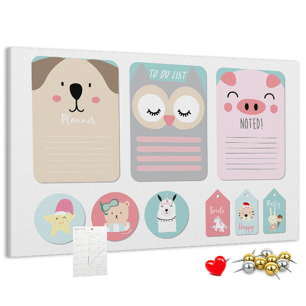 Pizarra de corcho con diseño de cuadernos coloridos y animales