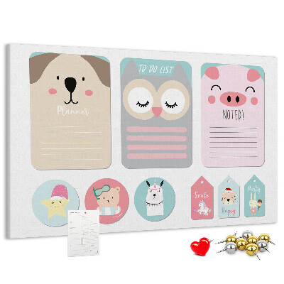 Pizarra de corcho con diseño de cuadernos coloridos y animales
