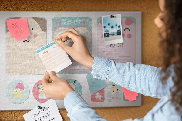 Pizarra de corcho con diseño de cuadernos coloridos y animales