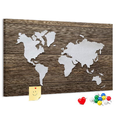 Tablero de anuncios Mapa del mundo sobre un fondo de madera