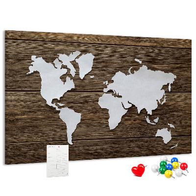 Tablero de anuncios mapa del mundo sobre un fondo de madera