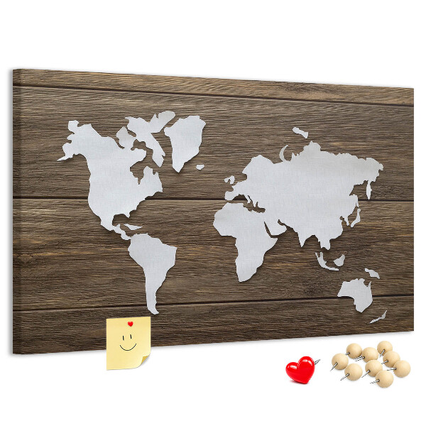 Tablero de anuncios mapa del mundo sobre un fondo de madera