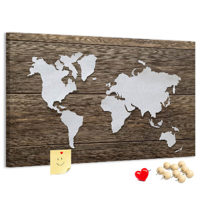 Tablero de anuncios mapa del mundo sobre un fondo de madera