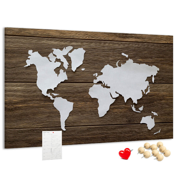 Tablero de anuncios mapa del mundo sobre un fondo de madera