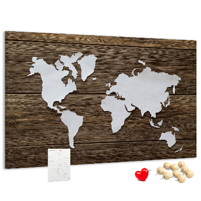 Tablero de anuncios mapa del mundo sobre un fondo de madera