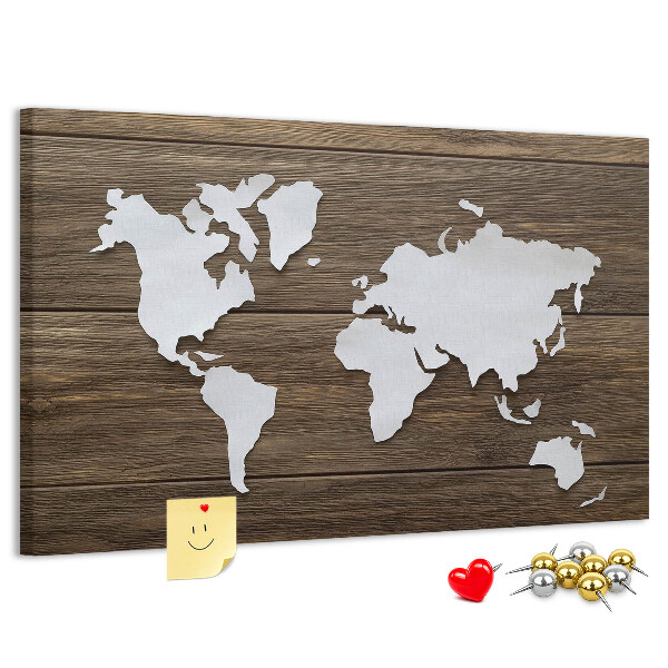 Tablero de anuncios mapa del mundo sobre un fondo de madera