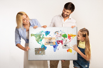 Pizarra de corcho mapa del mundo con diseño de acuarela en color