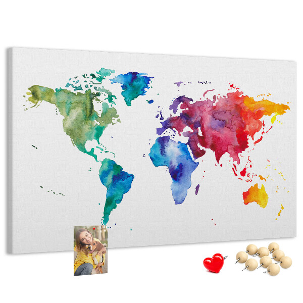 Pizarra de corcho mapa del mundo con diseño de acuarela en color
