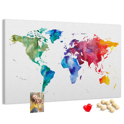 Pizarra de corcho mapa del mundo con diseño de acuarela en color
