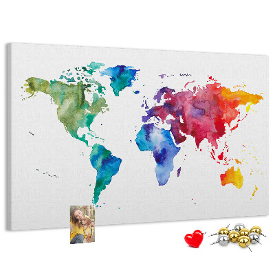 Pizarra de corcho mapa del mundo con diseño de acuarela en color