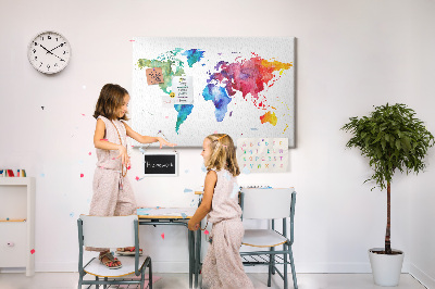 Pizarra de corcho mapa del mundo con diseño de acuarela en color