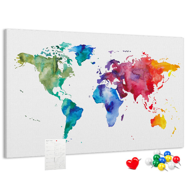 Pizarra de corcho mapa del mundo con diseño de acuarela en color