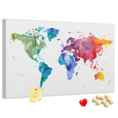 Pizarra de corcho mapa del mundo con diseño de acuarela en color