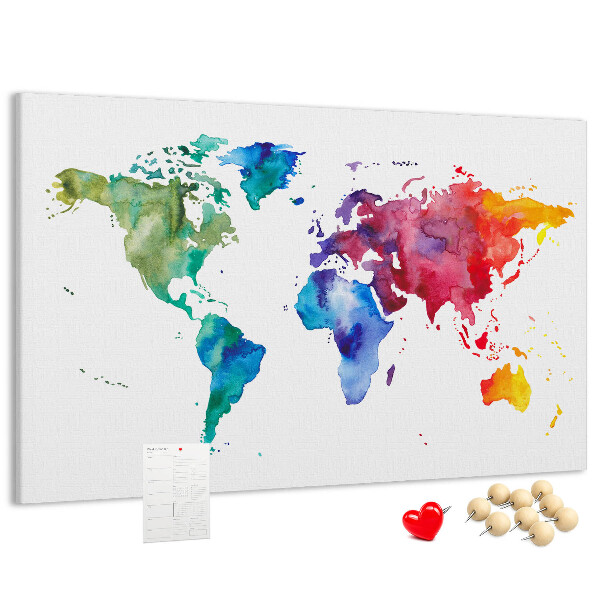 Pizarra de corcho mapa del mundo con diseño de acuarela en color