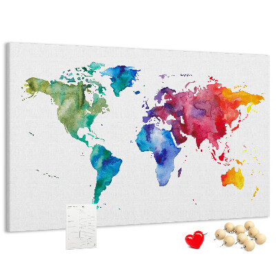 Pizarra de corcho mapa del mundo con diseño de acuarela en color