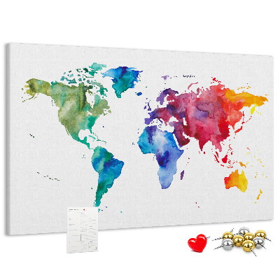 Pizarra de corcho mapa del mundo con diseño de acuarela en color