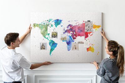 Pizarra de corcho mapa del mundo con diseño de acuarela en color