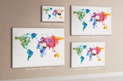 Pizarra de corcho mapa del mundo con diseño de acuarela en color