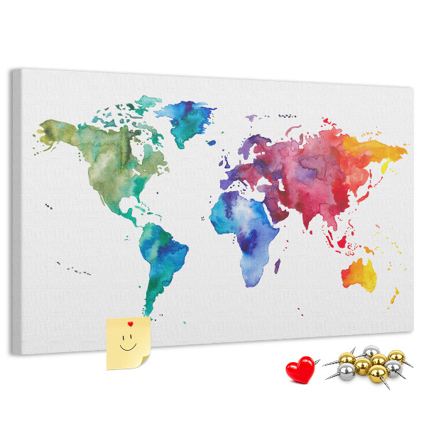 Pizarra de corcho mapa del mundo con diseño de acuarela en color