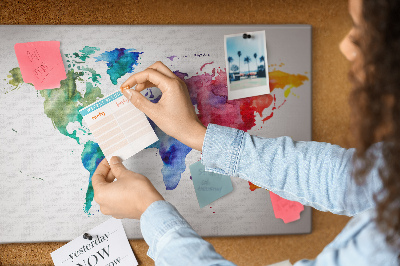 Pizarra de corcho mapa del mundo con diseño de acuarela en color