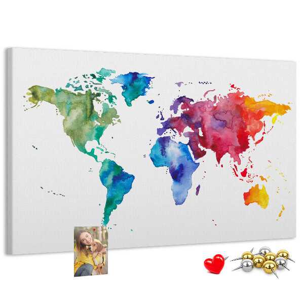 Pizarra de corcho mapa del mundo con diseño de acuarela en color