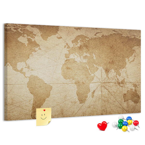 Pizarra de corcho mapa del mundo antiguo sobre fondo marrón