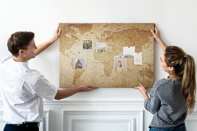 Pizarra de corcho mapa del mundo antiguo sobre fondo marrón