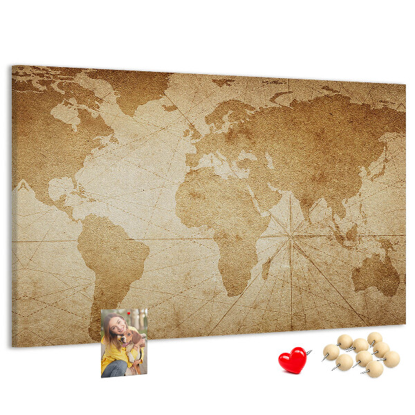 Pizarra de corcho mapa del mundo antiguo sobre fondo marrón