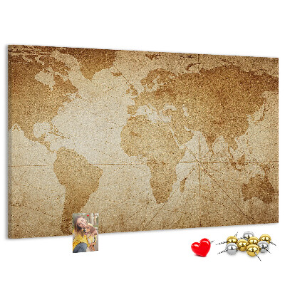 Pizarra de corcho mapa del mundo antiguo sobre fondo marrón