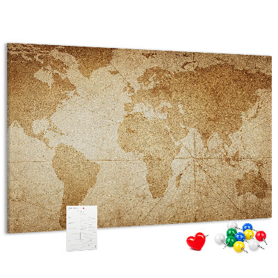 Pizarra de corcho mapa del mundo antiguo sobre fondo marrón
