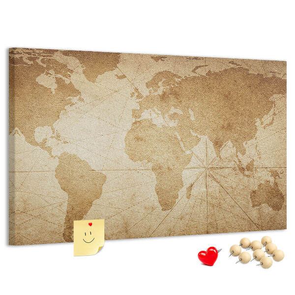 Pizarra de corcho mapa del mundo antiguo sobre fondo marrón