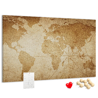 Pizarra de corcho mapa del mundo antiguo sobre fondo marrón