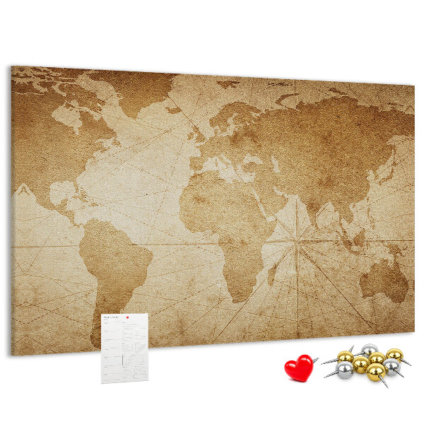 Pizarra de corcho mapa del mundo antiguo sobre fondo marrón