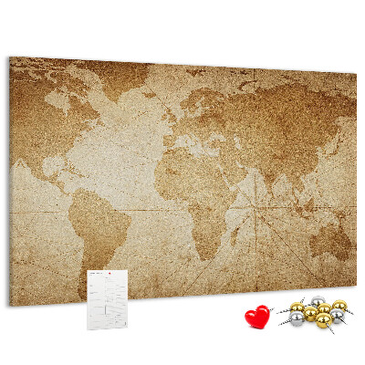 Pizarra de corcho mapa del mundo antiguo sobre fondo marrón