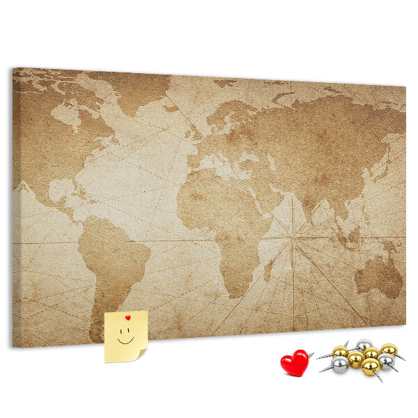 Pizarra de corcho mapa del mundo antiguo sobre fondo marrón