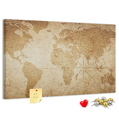 Pizarra de corcho mapa del mundo antiguo sobre fondo marrón