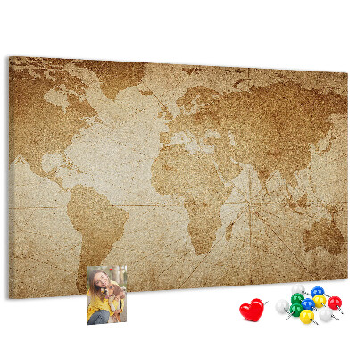Pizarra de corcho mapa del mundo antiguo sobre fondo marrón